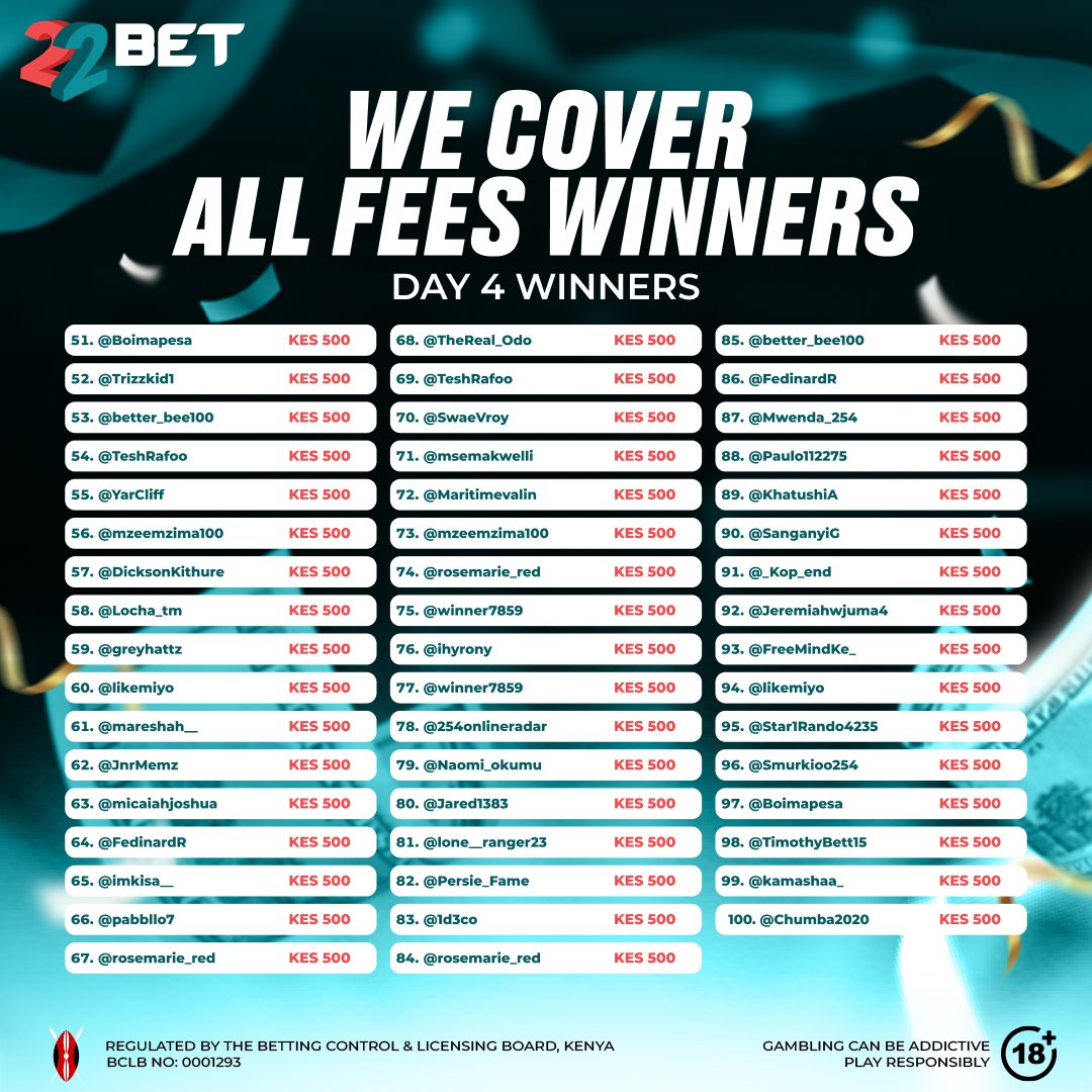 22bet_ke's tweet photo. #22betCoverAllFees! 🥳

Congratulations to our Day 4 winners! 🎊🎊

All payments have been processed 💸
If you haven’t received yours yet, tafadhali kuwa na subira, it will reflect soon.

Day 5⃣ winners will be announced soon! 🔥 https://t.co/IXF4dlfF3o