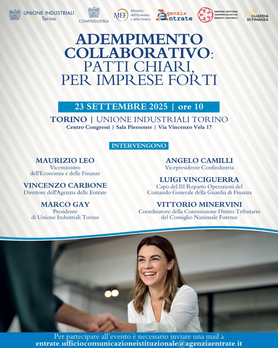 Arriva a #Torino l'evento del ciclo su #Adempimento #collaborativo "Patti chiari, per #imprese forti", organizzato da #AgenziaEntrate, @mef_gov e @confindustria. 
🗓️ 23 settembre 2025, ore 10
📍Centro Congressi - Via Vincenzo Vela, 17
#cooperative #compliance