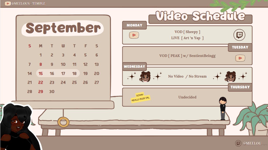 MeelouWings's tweet photo. !! SCHEDULE DROP !!
Hey yall
Im so sorry, I have some documentation 2 do this week so Im a bit busy n might not b able 2 stream much, but here is this week's #schedule.
#vtuber #envtuber #blackvtuber #meelou #meelouvt #artistvtuber #justchatting #youtube #twitch #streamer https://t.co/r5bPF9MNkt