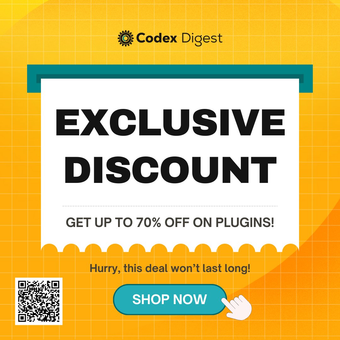 CodexDigest's tweet image. 🔥 EXCLUSIVE CODES UNLOCKED!

Special discounts you won’t find anywhere else.

Only at Codex Digest!

📸 Scan the QR &amp;amp; explore the banner for savings.

#ExclusiveDeals #WordPressPlugins #CodexDigest