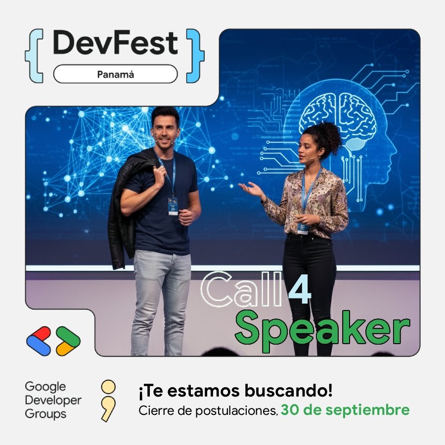 🚨Y llegó el día! Damos apertura a nuestro "Call for Speaker" para nuestro #DevFestPanama2025 🙌🏻🤓. Si deseas compartir con la comunidad sobre #Web, #Mobile, #Cloud o #IA está es tu oportunidad.

Puede aplicar aquí: 🔗sessionize.com/devfest-panama…

Cierre de Postulaciones: 🗓️30 de sep.