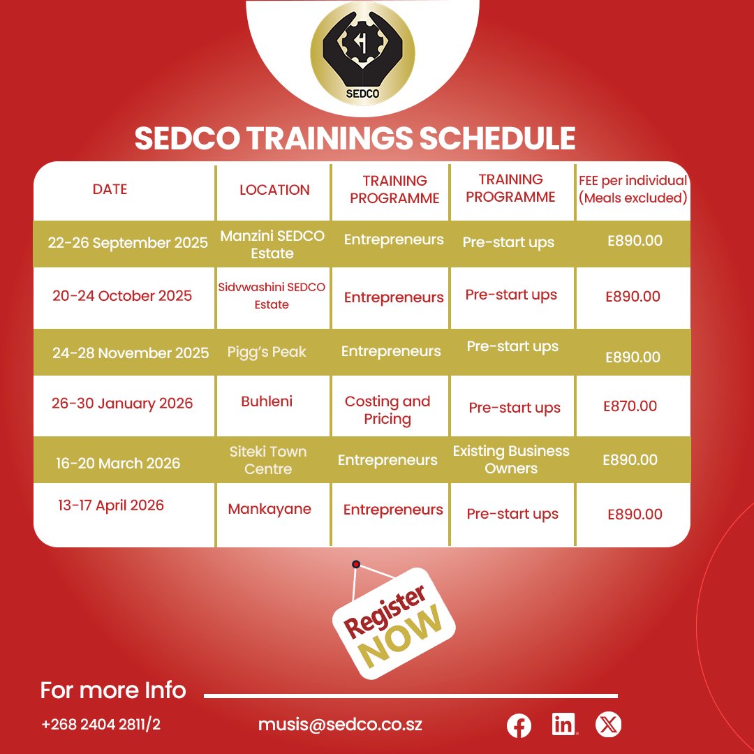| SEDCO Trainings 2025/26 | 

📅 Sept 2025 – Apr 2026
📍 Across Eswatini
💰 E870 – E890 (meals excluded)

Check out when we’re in your location and register today!

+268 2404 2811/2 | musis@sedco.co.sz

#SEDCO #Entrepreneurship #Training #RegisterNow