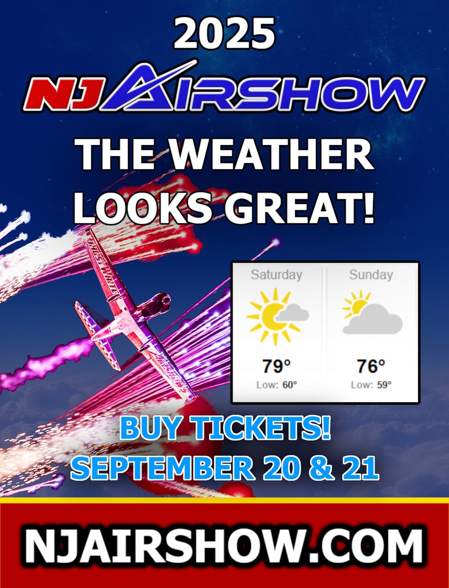 The forecast is in — perfect weather for the NJ Airshow this weekend!

📷 Sept 20–21, 2025 • Greenwood Lake Airport, West Milford, NJ
📷 Save with code X25 → 15% OFF Saturday | 25% OFF Sunday

Sunday Family Package: $139 for 2 adults &amp; up to 4 kids
📷 Tickets are going fast —