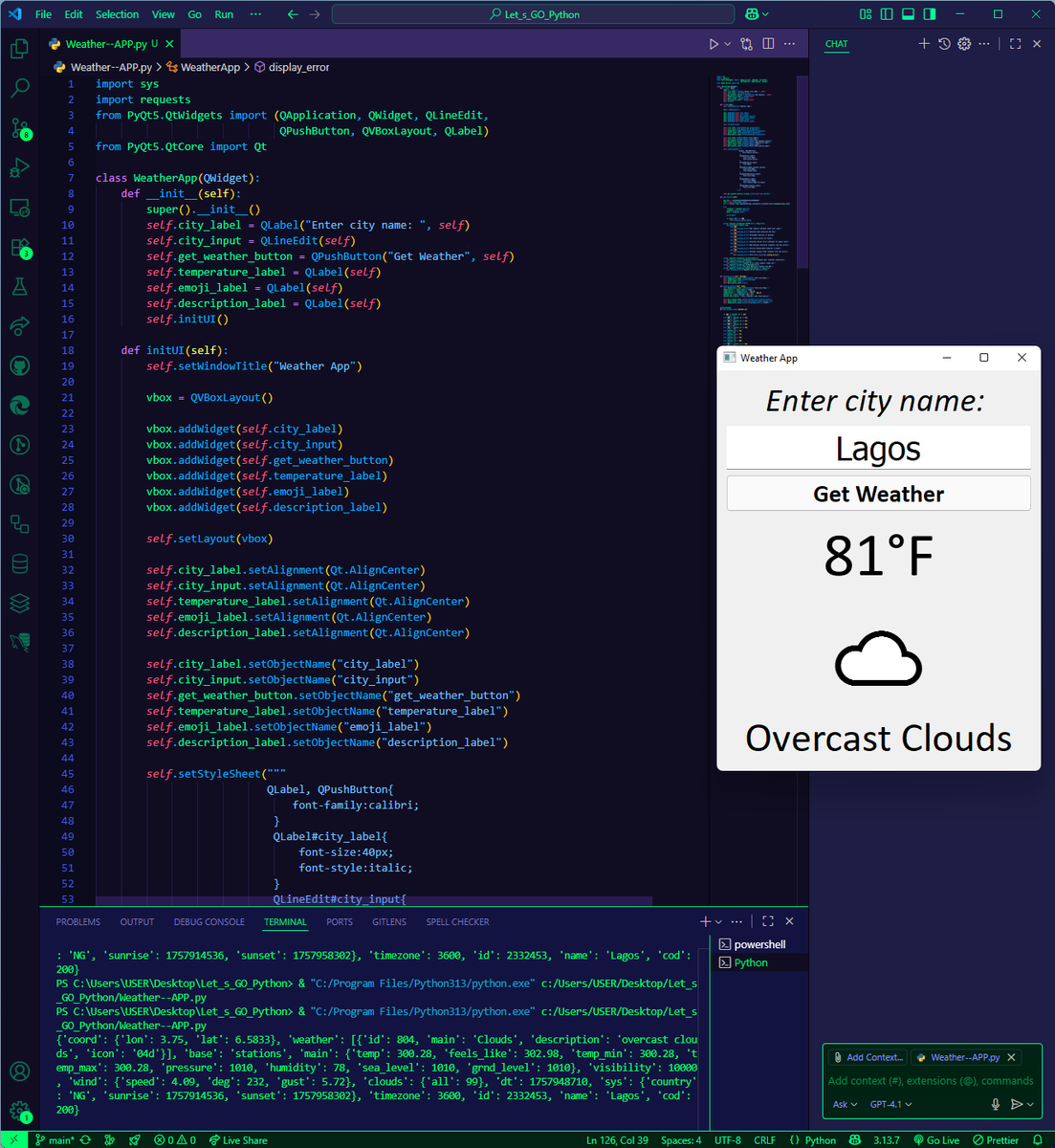 imman_tech1's tweet image. Created a Python-based weather app! ☀️ Using PyQt5,
I built a clean GUI that fetches and displays live weather data in real-time through the OpenWeatherMap API.
#Python #PyQt5 #DataVisualization #API #SoftwareDevelopment