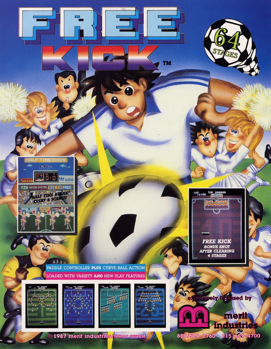 Today's #AFOTD #250 is Free Kick released by Nihon System in 1987. This is a Breakout like game with a soccer theme. In the USA, the game was licensed to Merit Industries (better known for the Megatouch game) #Arcade #Gaming #RetroGaming #VideoGames #GamersUnite
