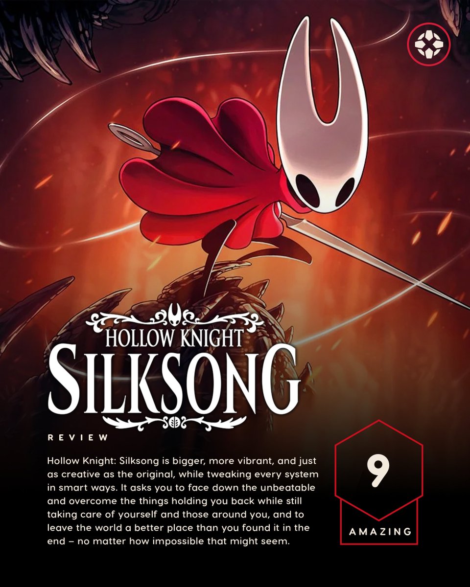 Hollow Knight: Silksong is packed full of sharp platforming, enticing exploration, and nail-biting combat that's all unapologetically challenging in just the right way.

Read our full review: bit.ly/4663Mie