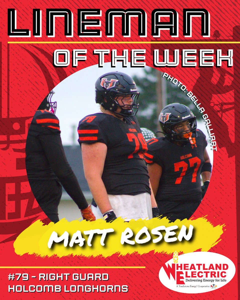 Wheatland Electric Cooperative, Inc. (@wheatlandelect1) on Twitter photo (1/2) π Shoutout to #79 Matt Rosen, <a href="/HolcombFootball/">HOLCOMB Football</a> senior + our 2nd #LinemanOfTheWeek! π
Right guard β‘οΈ multiple D1 offers + committed to <a href="/ucabears/">University of Central Arkansas</a> ππ
πͺ Leading the Longhorns (2-0)!
#HornsUp π€ #linemenmakethedifference #PowerONβ‘ (1/2) π Shoutout to #79 Matt Rosen, <a href="/HolcombFootball/">HOLCOMB Football</a> senior + our 2nd #LinemanOfTheWeek! π
Right guard β‘οΈ multiple D1 offers + committed to <a href="/ucabears/">University of Central Arkansas</a> ππ
πͺ Leading the Longhorns (2-0)!
#HornsUp π€ #linemenmakethedifference #PowerONβ‘