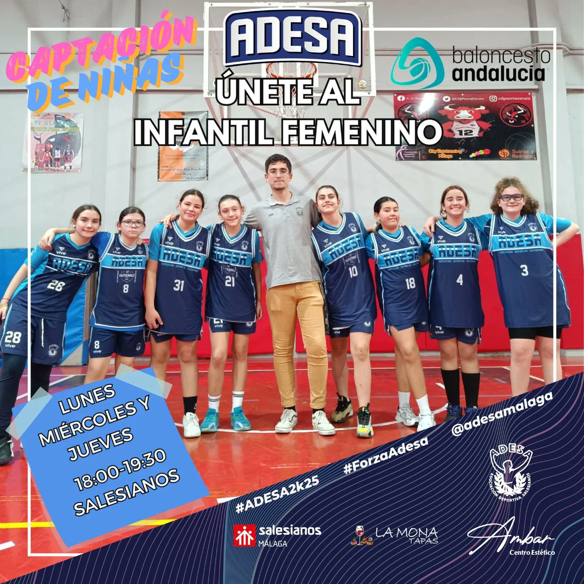 🏀¿Quieres unirte al INFANTIL FEMENINO de Baloncesto de nuestro Club?🏀

Buscamos a chicas nacidas en los años 2012-2013. ¿A qué esperas para unirte? Ven y disfruta del Baloncesto Femenino ⛹️‍♀️

#ADESA2k25 #ForzaAdesa #ProtagonistasDeLaHistoria