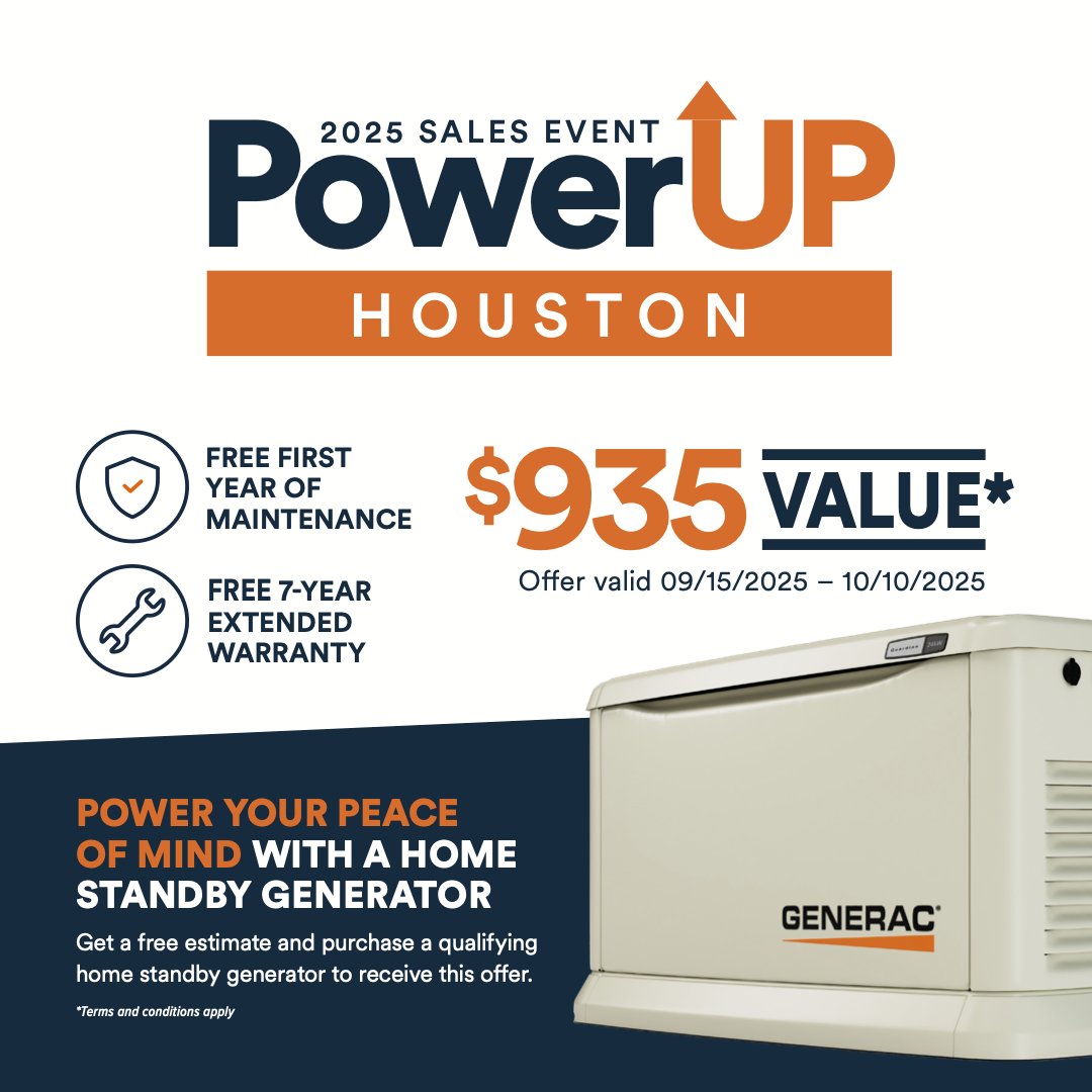 Quality Home TX (@qualityhometx) on Twitter photo ⚡ Houston, power your peace of mind! ⚡
Get a free estimate & a Generac Home Standby Generator by 10/10/25 to receive a 7-year warranty + 1 year of maintenance FREE ($935 value)!
#PowerUpHouston #HomeGenerator #PeaceOfMind ⚡ Houston, power your peace of mind! ⚡
Get a free estimate & a Generac Home Standby Generator by 10/10/25 to receive a 7-year warranty + 1 year of maintenance FREE ($935 value)!
#PowerUpHouston #HomeGenerator #PeaceOfMind