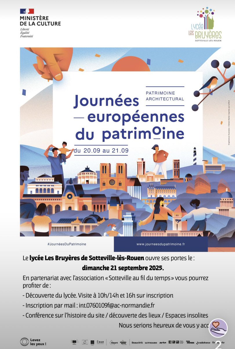 #JournéesEuropéennesduPatrimoine2025, le lycée ouvre ses portes,dimanche 21 septembre. 
🏛️ visite guidée et 📖 conférence en partenariat avec l’association #Sotteville au fil du temps
👉 Inscriptions par mail : int.0760109f@ac-normandie.fr 
<a href="/ac_normandie/">Académie de Normandie</a> <a href="/dsden76/">DSDEN76</a>