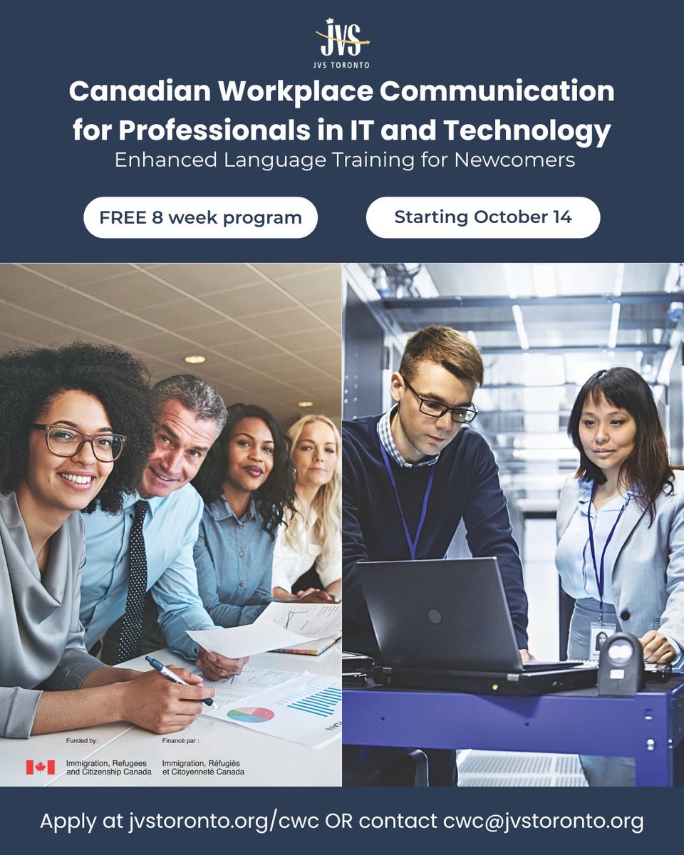 JVSToronto's tweet image. #ApplyToday! Join our #FREE online program for #newcomers in #IT and #Technology &amp;amp; improve your #communication skills. Gain workplace experience, mentorship, and exclusive job search support. jvstoronto.org/cwc or contact cwc@jvstoronto.org • 416-649-1603 #JVSToronto