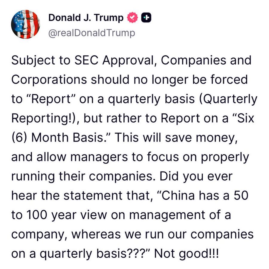 adamkhootrader's tweet photo. If companies report less frequently, that is actually very beneficial to the companies because they will be more focused on  making longer term strategic decisions instead of focusing on beating short term expectations every 3 months. 

It may also lead to LESS stock price volatility. However, because of less volatility , we as value investors may see less panic selling during missed earnings reports and less opportunities to buy at undervalued levels.

So, there are pros and cons to this development
