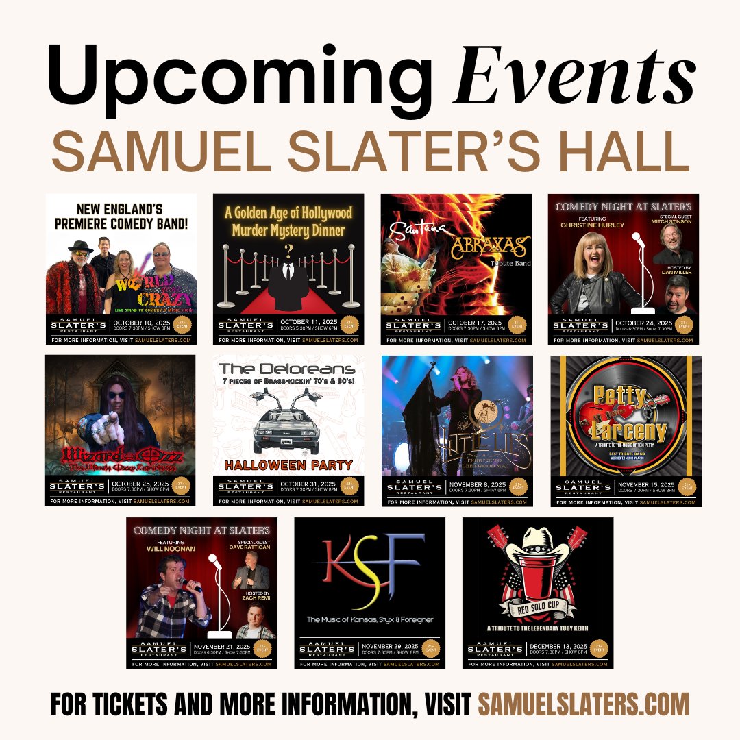 Check out these upcoming events at Samuel Slater's Restaurant! For tickets and more information, visit samuelslaters.com or indianranch.com🎟️
·
·
#event #show #entertainment #thingstodo #music #livemusic #tribute #comedy #murdermysterydinner #samuelslatersrestaurant