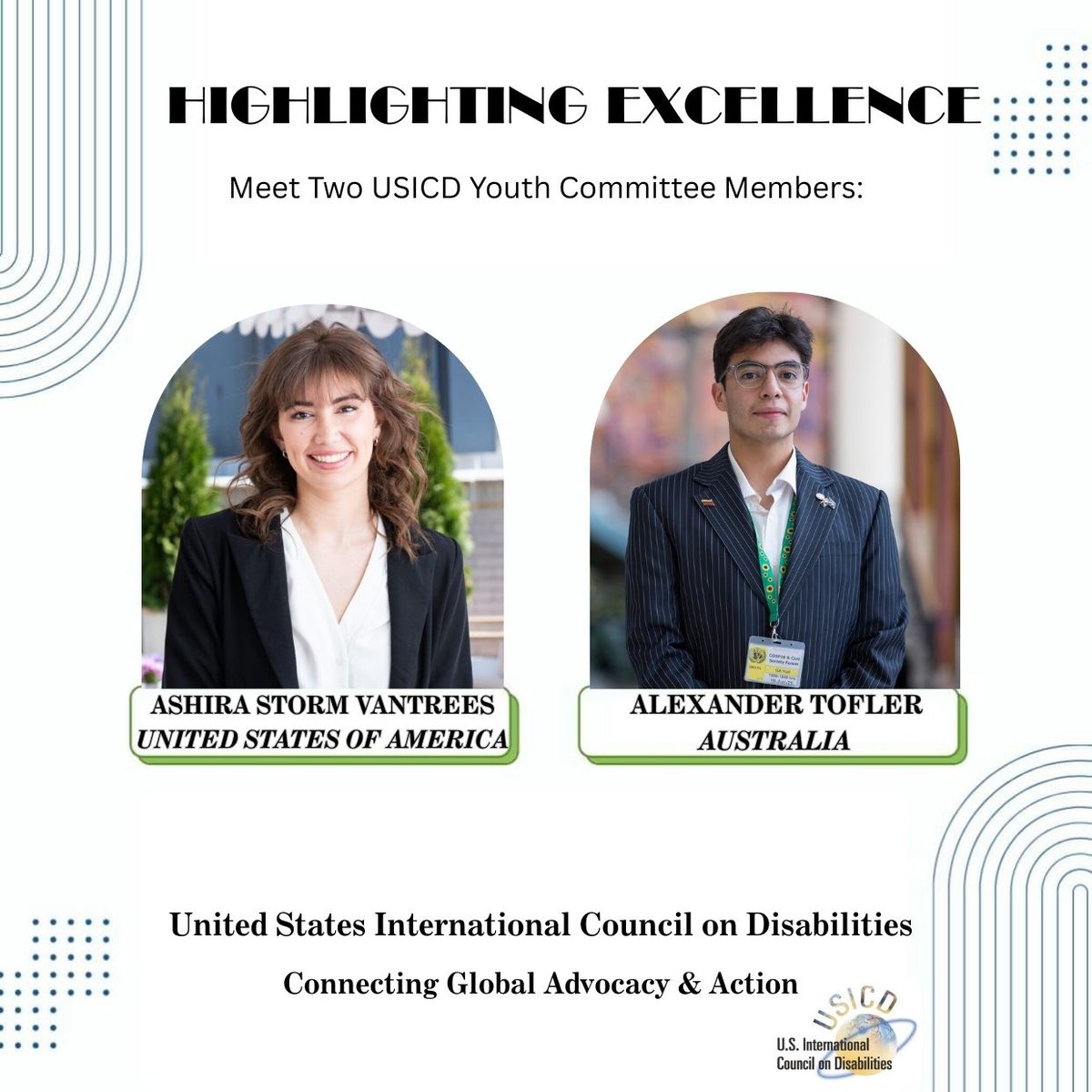 Meet two of our <a href="/USICD/">USICD</a> Youth Advisory Committee members: Ashira Storm Vantrees (USA) &amp; Alexander Tofler (Australia)! The first committee meeting will be held on 22 September! 
Learn more: USICD Youth Advisory Committee – usicd.org/usicd-youth-ad…