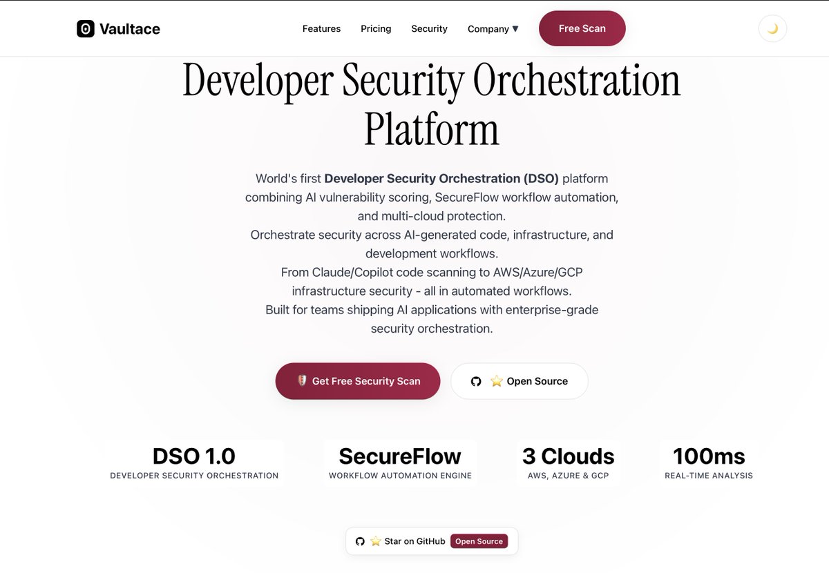Samuel_Aadewole's tweet image. Vaultace CLI is now Open Source! 🚀
1/8 We just open-sourced our entire CLI for the world's first Developer Security Orchestration (DSO) platform.
21+ commands, AI vulnerability scoring, workflow automation - all free.
⭐ github.com/Vaultace/vault…