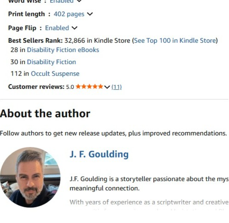 JFGoulding's tweet photo. My debut novel at almost 50.— and I’m a total unknown — just jumped from #63,915 in Kindle Store to #32,866 in days..

#28 Disability Fiction eBooks
#30 Disability Fiction
#112 Occult Suspense
I know it’s a spike, but it keeps me going. 🙌 #amwriting  #KindleUnlimited https://t.co/BkmtkGyitR