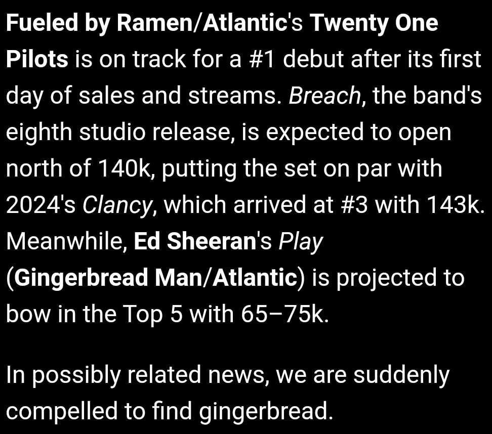 🚨 US Clique 🚨

As you know, early preditions say Breach might debut at #1 on the Billboard 200. It could be their first #1 album in a decade, since Blurryface. Finishing the DEMA storyline with a top charting album would be a full cycle moment!

Here's how you can help 🧵👇