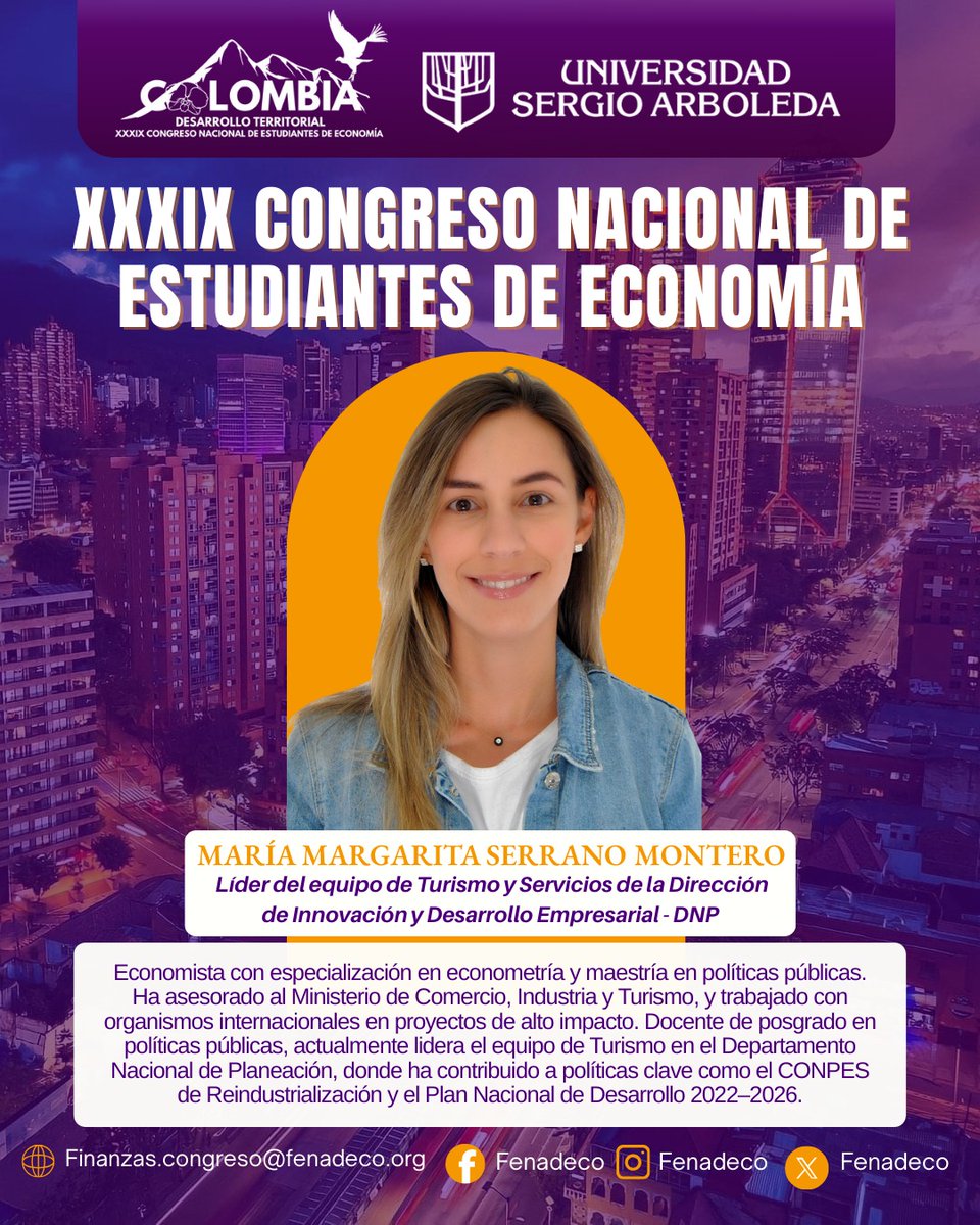 ✨ Seguimos uniendo voces que transforman y en esta ocasión nos acompaña María Margarita Serrano Montero, Economista con especialización en Econometría y Maestría en Políticas Públicas.
#Mujeres #Economía #dnp #desarrollo