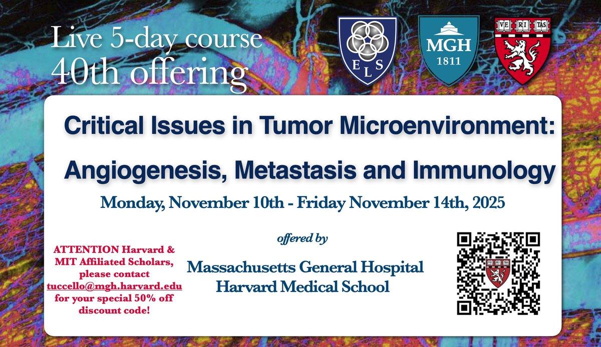 MGHSteeleLabs's tweet photo. Join us for the 40th Annual Critical Issues in Tumor Microenvironment, Nov 10th-14th, 2025; Harvard/MIT affiliates: email tuccello@mgh.harvard.edu for discount code. Trainees: submit abstracts for poster presentations! https://t.co/fhIyBGflDp https://t.co/VQDlyOeS4w