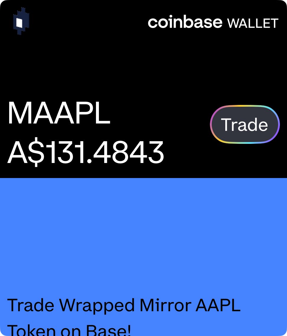 PercyChaser's tweet photo. Check out Wrapped Mirror AAPL Token on Base! Use my link to join in on the fun and trade with live price charts. https://t.co/4JrJC6NwFl ⁦@CoinMarketCap⁩ https://t.co/Y1e3VrLef9