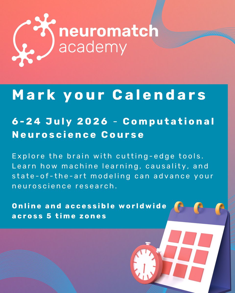 neuromatch's tweet image. 🌍 Learn computational #neuroscience with peers worldwide! 🤓
Join small pods with a TA, work on research-driven projects, and connect with mentors in Neuromatch Academy’s #ComputationalNeuroscience Course (6–24 July 2026).
➡️Learn more: buff.ly/Lk82bsO