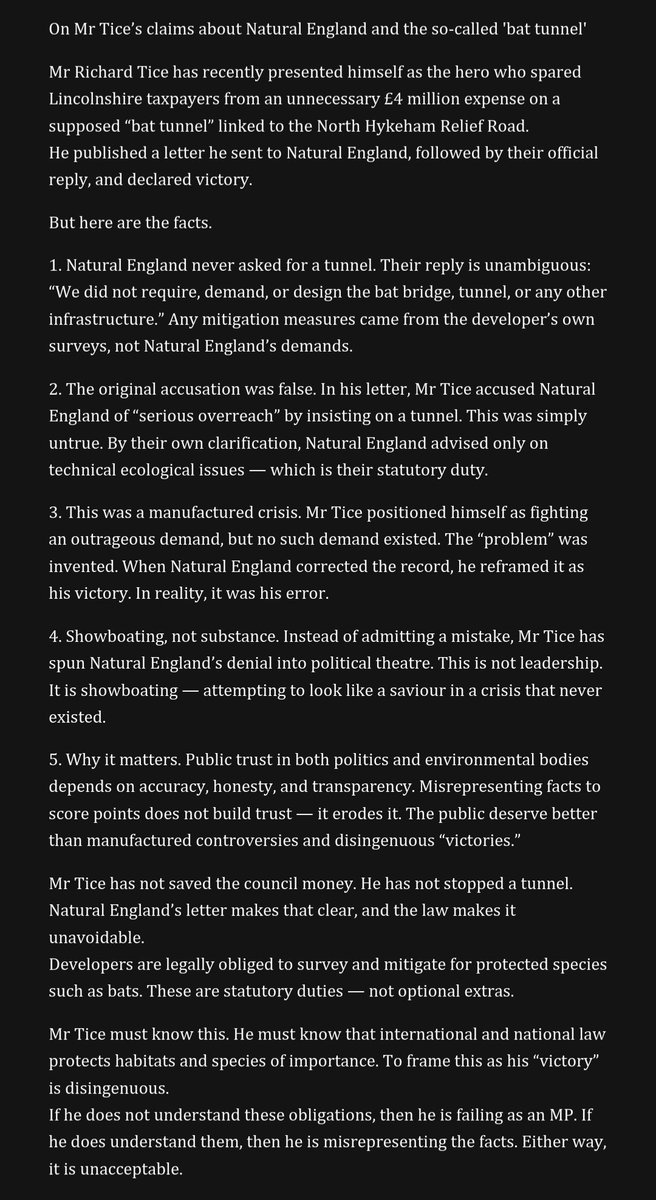 dickus_big91717's tweet photo. @TiceRichard @NaturalEngland @LincolnshireCC 1/2. Tice didn’t save £4m. NE never demanded a tunnel. The developer identifed it after statutory surveys found barbastelle bats. Legal duties mean mitigation still goes ahead. His ‘victory’ is disingenuous showboating.  #AdvanceUK #PTES #CIEEM #BatSociety #AccountabilityCulture https://t.co/4LSDJU7edv