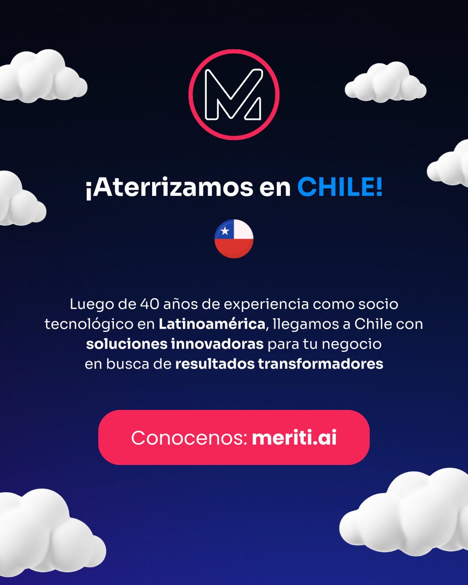 MeritiCC's tweet photo. ¡Gran noticia! Meriti llegó a Chile 🇨🇱.

¿Quieres transformar la productividad de tu empresa? Somos tu socio tecnológico.

#Meriti #CloudAIBroker #IA #TransformaciónDigital #Chile https://t.co/7PyVRJj9u4