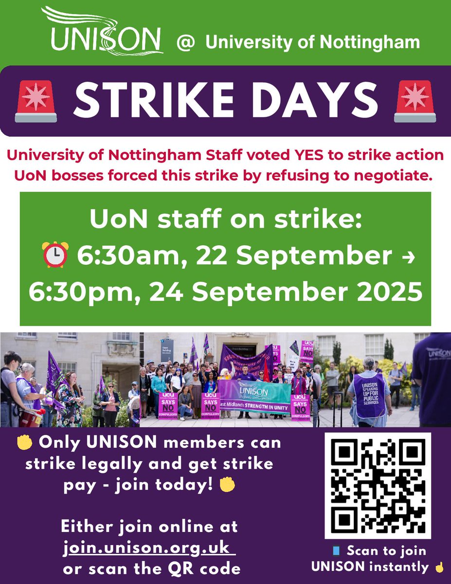 UnisonUon's tweet photo. #UNISON members will be on strike on Mon 22, Tues 23 and Weds 24 September against harmful job cuts at University of Nottingham.
Please send messages of support to unison@nottingham.ac.uk and visit us on our picket lines. Rally at Uni Park, lunchtime on Weds.
#solidarityforever https://t.co/pmDMhc1dLH