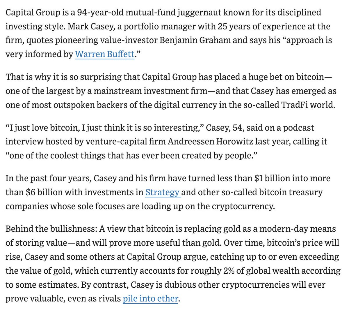 Love this @WSJ profile of my friend @mistercasey @CapitalGroup, the largest  holder of $MSTR and one of the great thought leaders in the bitcoin  treasury space. https://t.co/19u6BmNR9c