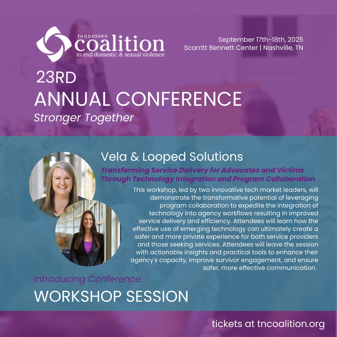 LoopedSolutions's tweet image. We are excited to team up with our partners at Vela to present at the Tennessee Coalition to End Domestic &amp;amp; Sexual Violence's 23rd Annual Conference! 

#TCEDSV #TechForGood