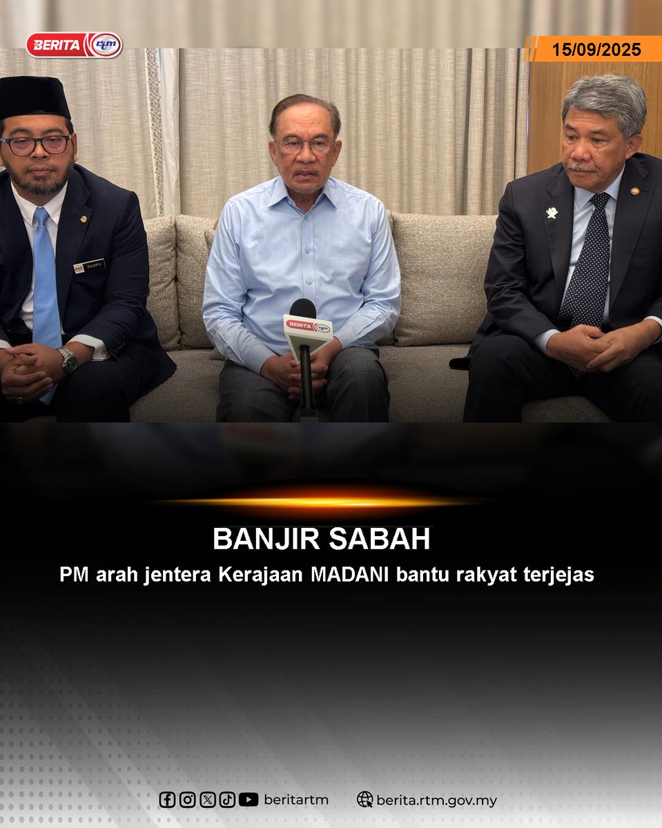 beritartm's tweet photo. Datuk Seri Anwar Ibrahim mengarahkan seluruh jentera Kerajaan MADANI digerakkan segera bagi membantu rakyat yang terjejas akibat banjir di Sabah.

https://t.co/gQqMX6yAzY

#RTM #BeritaRTM #MalaysiaMadani #TaatSetia #BersamaMALAYSIAKU #RancakkanMADANI #MADANIBekerja https://t.co/kqebpny1kk