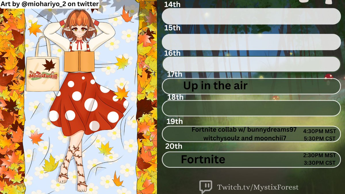 So sorry I didn't stream last week, lots of personal stuff happened. But here's this weeks schedule!