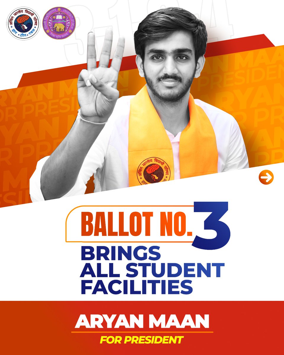 Aryanmaan09's tweet photo. BALLOT NUMBER:3
Brings all student facilities...
ARYAN MAAN FOR PRESIDENT
DELHI UNIVERSITY STUDENT'S UNION...
Vote and support Ballot Number:3 for President
#ABVP4DUSU #ARYAN4DUSU #ABVP3134
#TogetherForStudents
#TogetherForDU #TogetherWeRise #TogetherWeRise #dusuelection2025 #delhiuniversity #Aryan4dusupresidentARYAN #aryanmaanforall