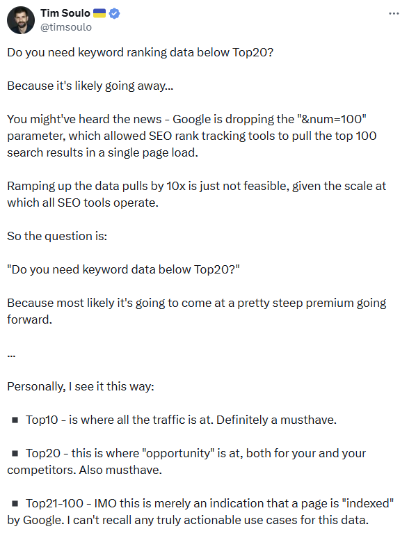 carlos_darko's tweet photo. La herramienta AccuRanker manda un correo anunciando que debido a los recientes cambios en Google, a partir de ahora solo hará seguimiento de palabras clave en el TOP20.

Se suma a las declaraciones del CMO de Ahrefs, que ya esta mañana intentaba quitar importancia a medir posiciones más allá de la segunda página a no ser que se pagara mucho más por ello.

No me extrañaría nada ver comunicados similares en breve de otras, viendo que es algo que efectivamente les ha afectado.

Se están acelerando los anuncios y acontecimientos y vamos a ver en qué queda todo esto si las herramientas que se han usado durante casi dos décadas ya no van a medir estas cosas.