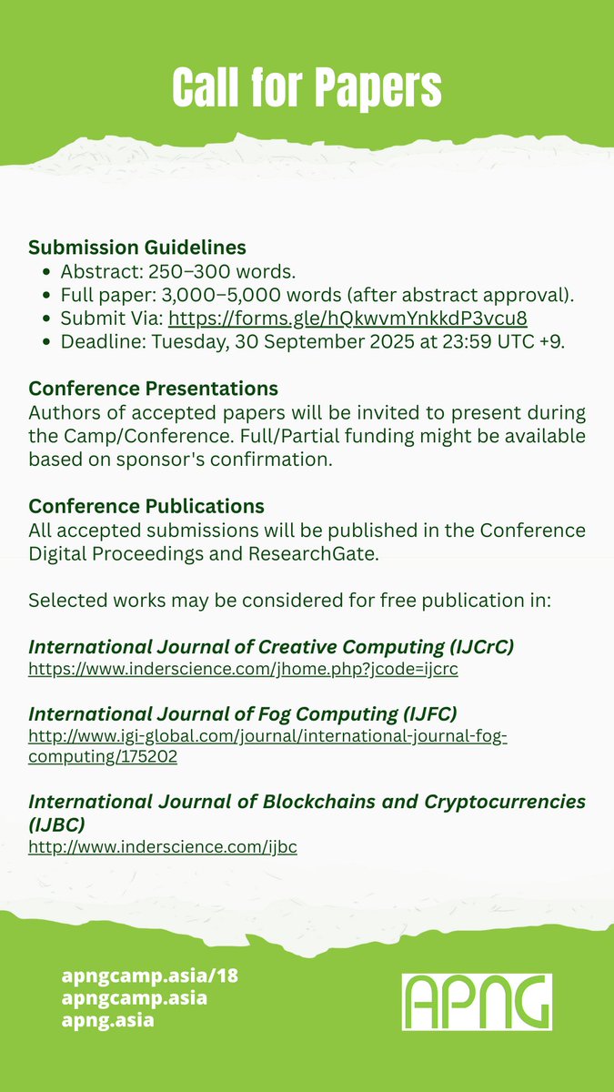 📢 📚 Call for Papers!

We invite abstracts from students, early-career researchers, and young professionals across the Asia-Pacific.

📅 6–8 February 2026
📍Jakarta, Indonesia
⏰ Apply by 30 September 2025

apngcamp.asia/18/
apngcamp.asia
apng.asia