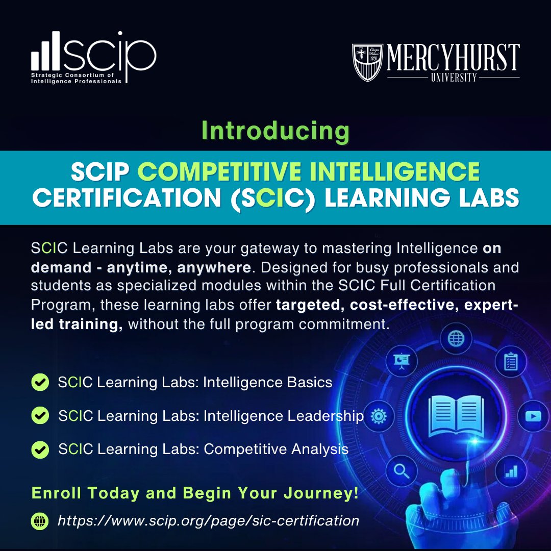 SCIPcommunity's tweet photo. 🚀 Unlock your #Intelligence potential with SCIC Learning Labs!
https://t.co/o7chuzfK9Z

Designed for busy professionals and students, these expert-led, on-demand learning labs provide targeted training without the full program commitment.

#SCIP #SCICLearningLabs https://t.co/mEIPPDUAwJ