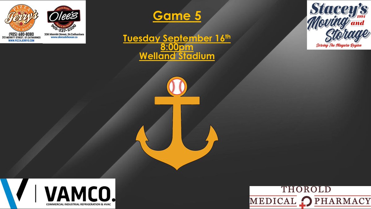 ThoroldAnchors's tweet image. We were victorious last night in Game 4 by a score of 7-3 to force a deciding Game 5 in our semi-final series. 

After some booking conflicts, Game 5 has been officially scheduled for Tuesday September 16th at 8:00pm at Welland Stadium. 

Come out to the Stadium tomorrow night!