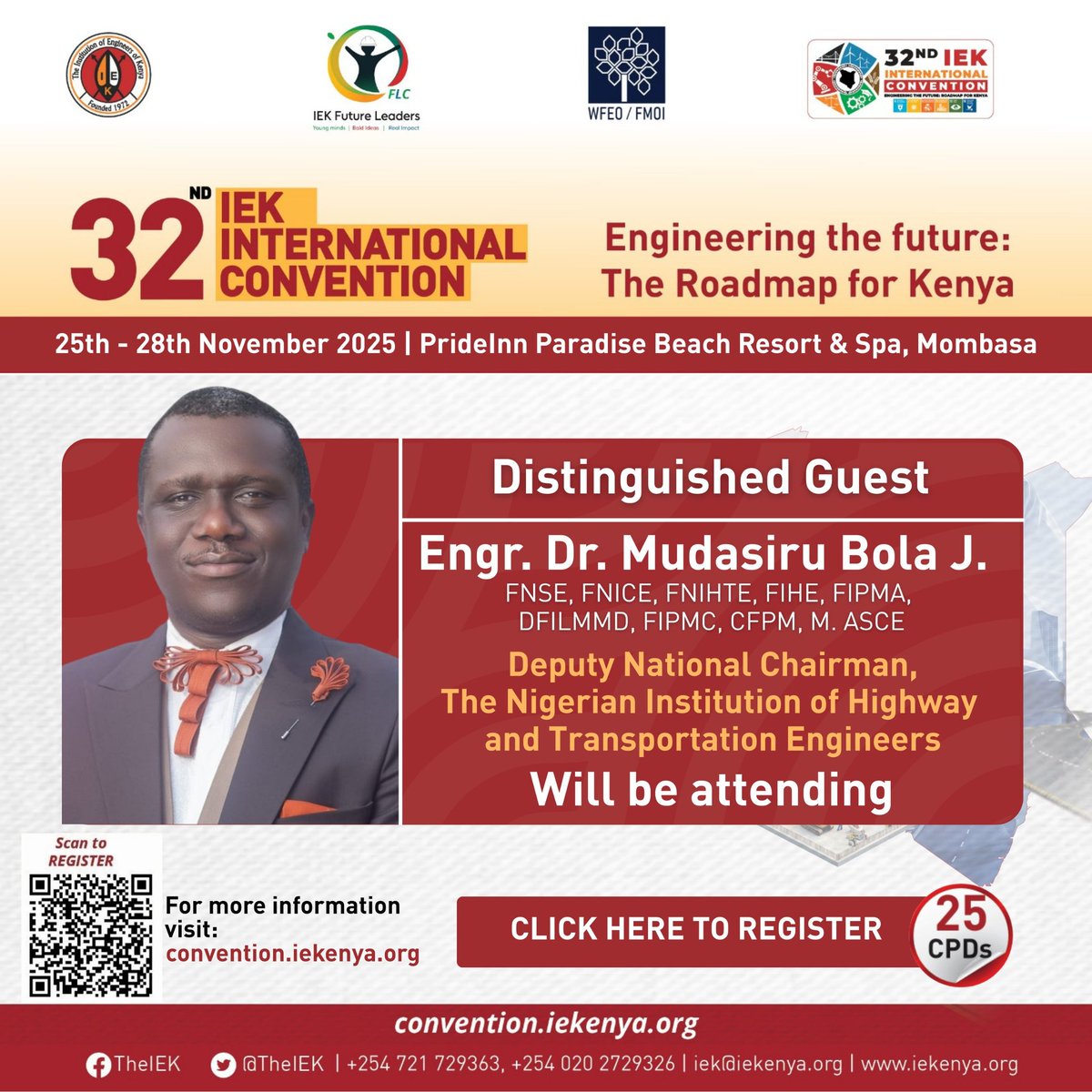 Engr. Dr. Mudasiru Bola J., Deputy National Chairman of the Nigerian Institution of Highway and Transportation Engineers, will be a distinguished guest at the 32nd IEK International Convention, adding his voice to regional conversations on engineering and infrastructure