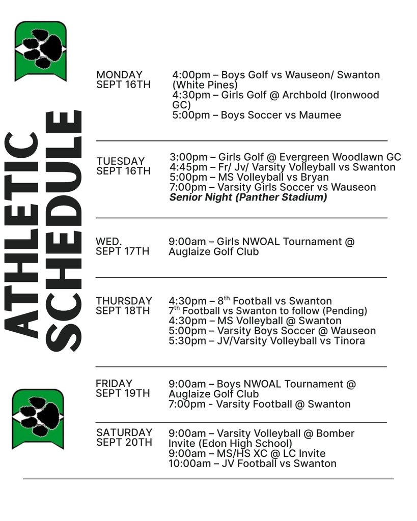 Please see below the athletic events for the upcoming week. There have been some location and time changes for a few events. Thank you