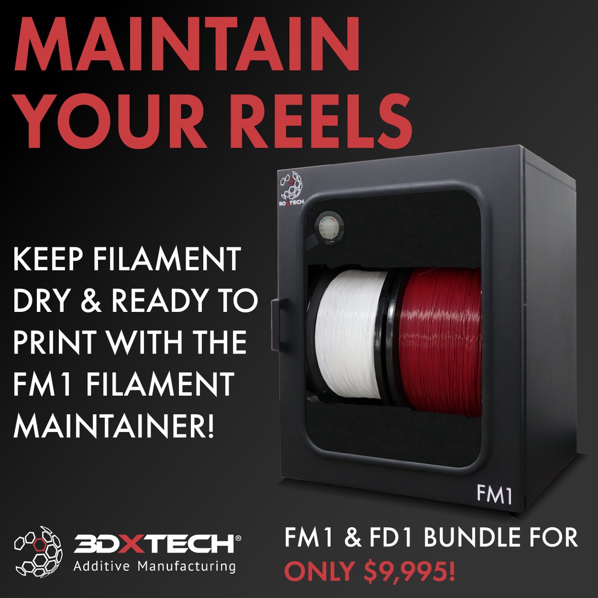 3dxtech's tweet photo. The FM1 Filament Maintainer keeps up to 50kg of material dry, stable, and print-ready with real-time monitoring and direct feed ports. Right now you can bundle the FM1 with the FD1 Filament Dryer for $9,995 and save over $1,400. This limited offer ends September 30.
#3DXTECH #filamentmaintainer #FM1 #additivemanufacturing #3dprinting #3dfilament
