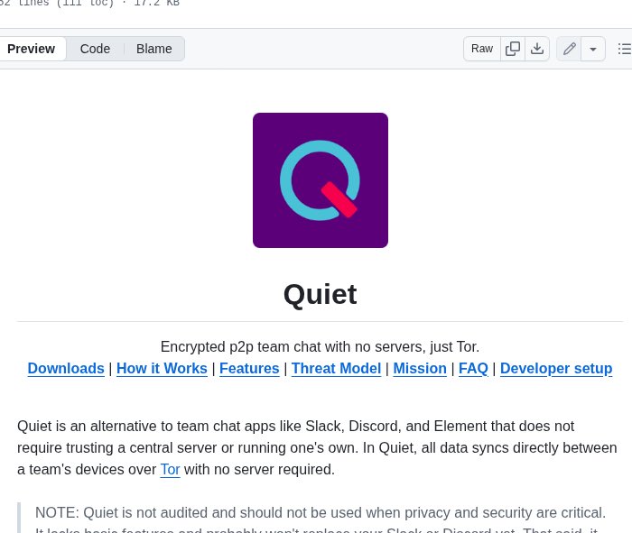 #بوست_تقني للسوريين في #سوريا 
 
Quiet
 هو مشروع مفتوح المصدر على Github يقدم أسلوباً غير تقليدي للتواصل.

يقوم على تحويل البيانات والرسائل إلى موجات صوتية غير مسموعة تنتقل بين الأجهزة دون الحاجة إلى اتصال بالإنترنت أو بالشبكات الخلوية. 

هذه التقنية تفتح الباب أمام أنماط جديدة