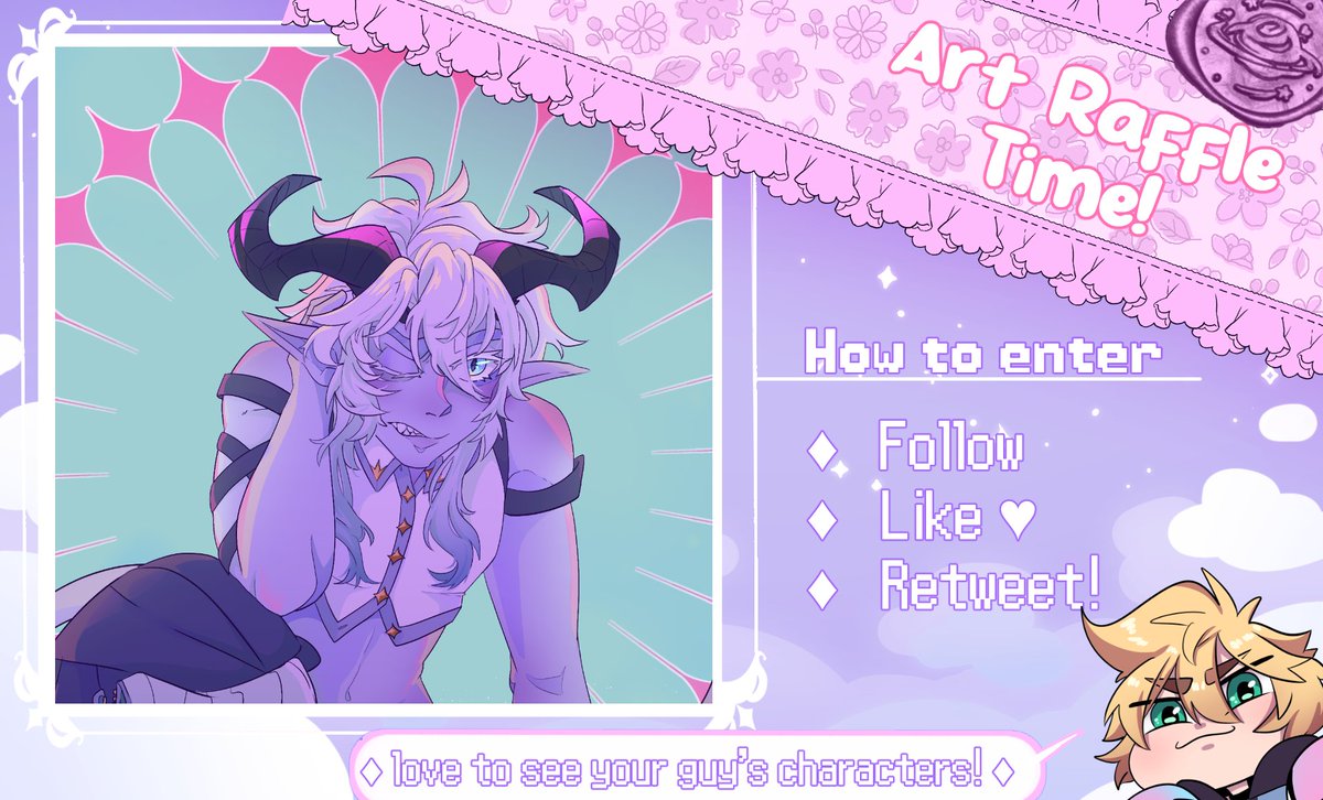 ART RAFFLE TIME! 
Welcome to my art raffle! Winners will get 1 bust drawing of their character, or fan art of a character they want!
There will be 3 Winners that will be chosen at September 21st 8pm EST!
To enter:
✨Follow my account!
✨Like the post!
✨Retweet the post!