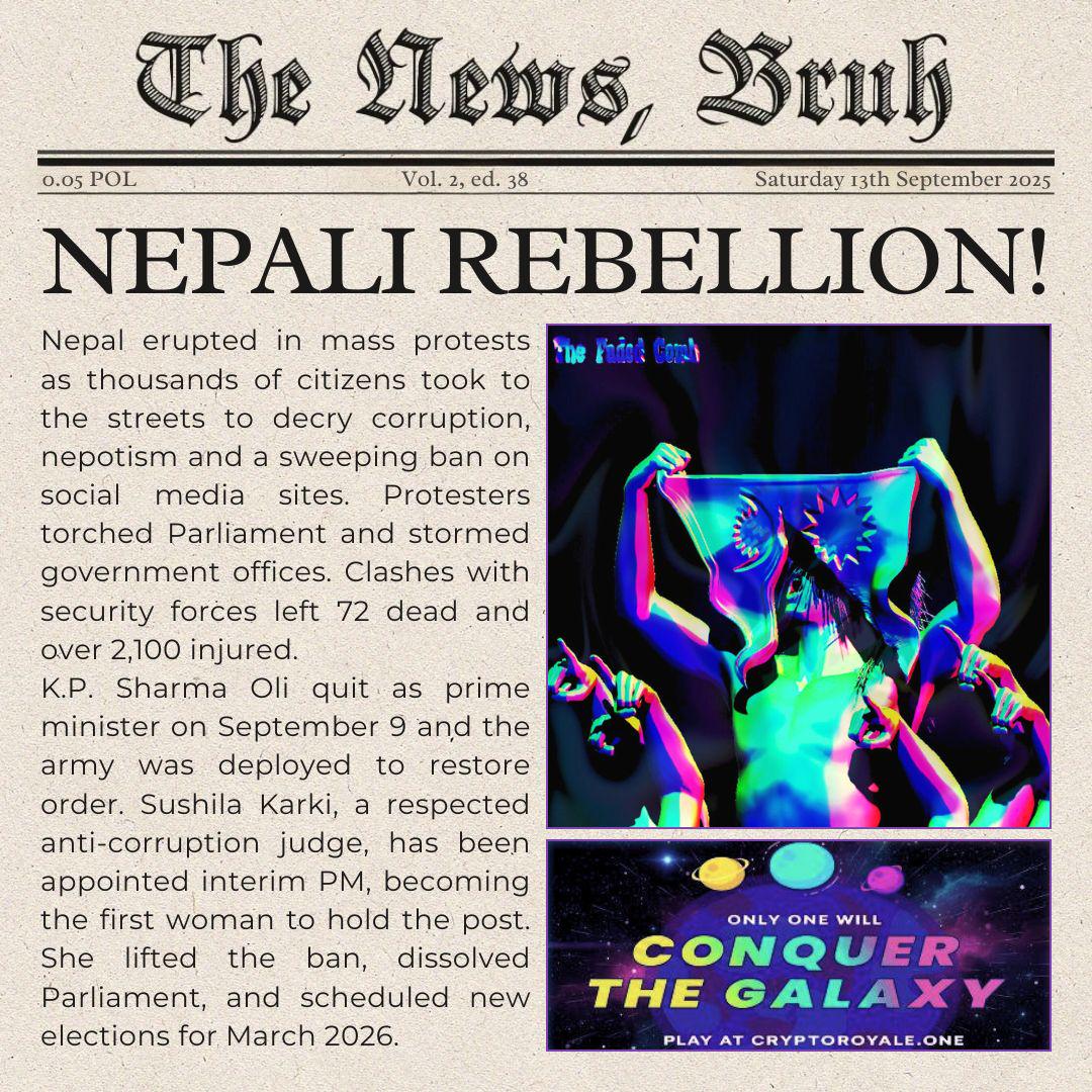 Edition 38 of <a href="/thenewsbruhNFT/">The News, Bruh</a>  is now available on @Rarible and <a href="/opensea/">OpenSea</a> - Nepali Rebellion. Buyers will share the airdrop of 250,000 $NEW tokens. Artwork by <a href="/Reddit/">Reddit, Inc.</a> artsist Thefadedcomb.

Colour on Rarible:

og.rarible.com/token/polygon/…

Colour in opensea:

opensea.io/item/matic/0xe…