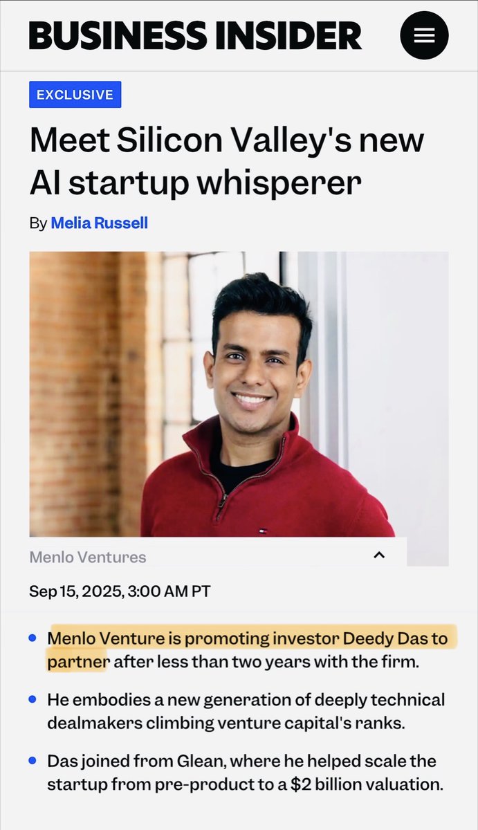 Big personal news!

After a remarkable 18mos at Menlo Ventures, I'm excited to announce that perhaps against better judgement, they have decided to make me a Partner at the firm.

Wild that just 6yrs ago, I'd be up at 2am debugging Google Search.

A little bit about my journey: