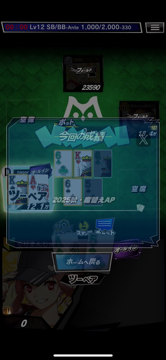 ＼ｍHOLD'EMでトーナメントに参加／

2025秋・席替えAP
第4位
んー！4位でした！同卓したみなさんありがとうございました！

■ｍHOLD'EMはこちら！
mpj-portal.jp/game/
 #mHOLDEM #エムホールデム