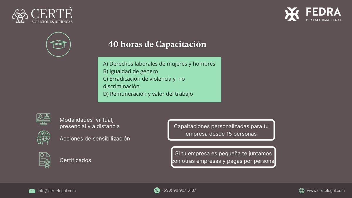 CerteLegal's tweet photo. Recuerda que debes acreditar un mínimo de 40 horas de capacitación sobre temas relacionados con la igualdad de derechos laborales y la erradicación de la violencia de género en el trabajo. 

Desde @CerteLegal y Fedra podemos ayudarte con un equipo profesional y comprometido. https://t.co/erpdYGPhdw