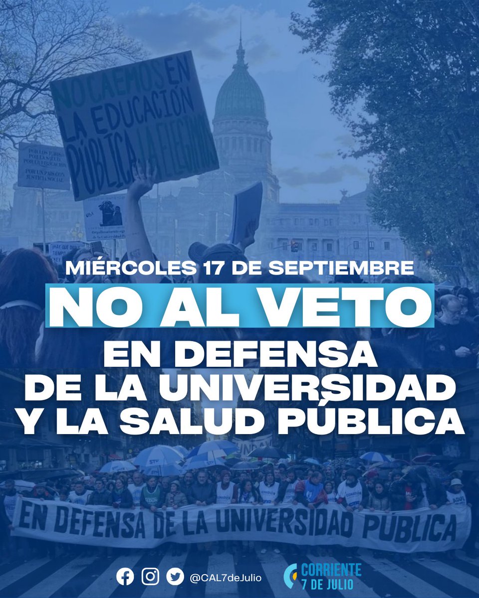 Un país sin educación se traduce en una sociedad desigual y sin oportunidades.

Este 17 de septiembre a las 17 horas, marchamos para acompañar al personal de la salud, docentes y no docentes por salarios dignos, educación gratuita e igualdad de oportunidades.

#SiHayVetoHayMarcha