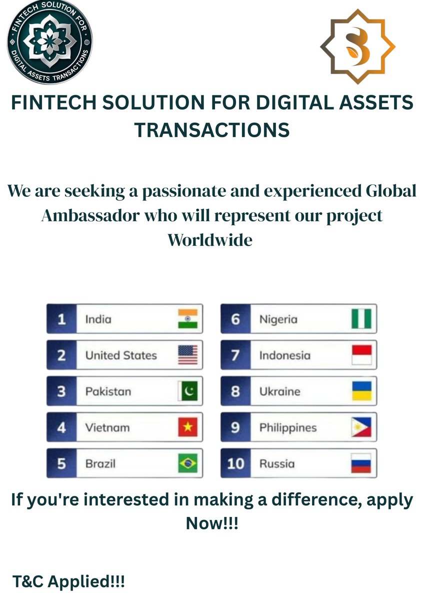 FINTECHS101's tweet photo. We are seeking a passionate and experienced Global Ambassador who will represent our project Worldwide
If you're interested in making a difference apply Now 👇👇👇

Telegram: https://t.co/f7O1f6tLqI
Email: fintechsolution930@gmail.com https://t.co/GBK60UC15u