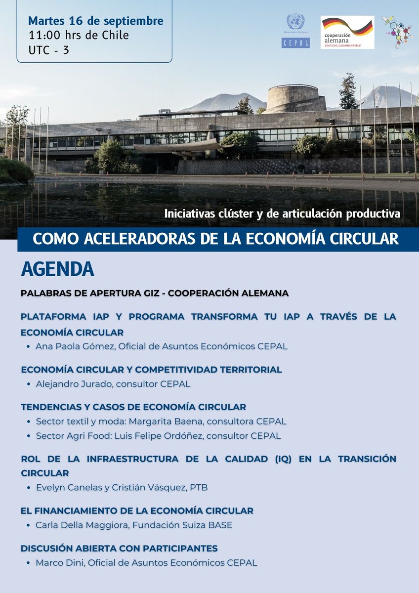 IAAC_Official's tweet photo. 📢 Webinar | Iniciativas clúster y de articulación productiva como aceleradoras de la Economía Circular 🌎
🗓 16 de septiembre, 11:00 (Chile)
Organizado por @cepal_onu  con el apoyo de @ptb_q5 

👉 Regístrate aquí: https://t.co/OS1dJxyBSk https://t.co/Y5UwqFs5LA