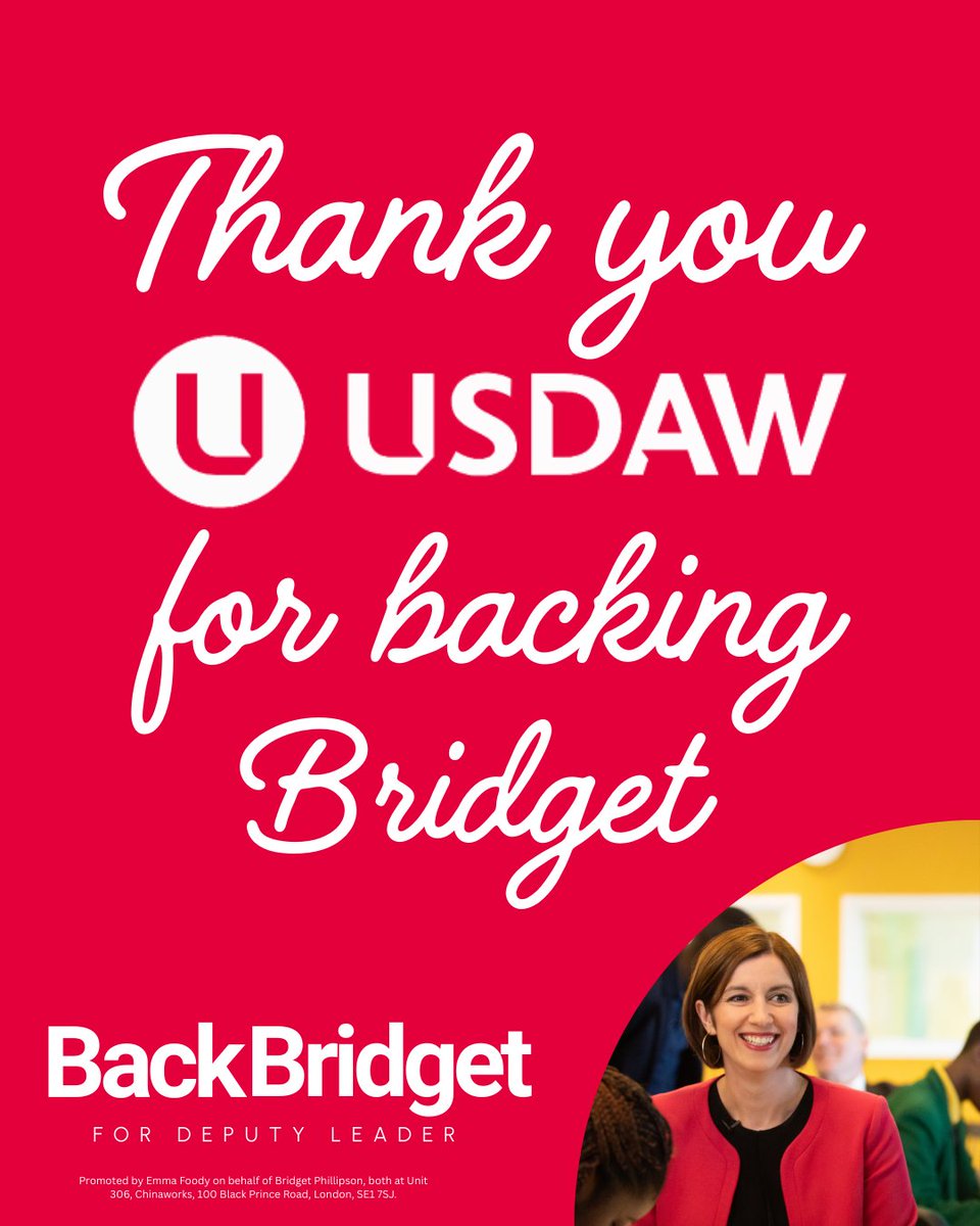 Back Bridget (@backbridget2025) on Twitter photo Thank you <a href="/UsdawUnion/">UsdawUnion</a> for nominating <a href="/bphillipsonMP/">Bridget Phillipson</a> to be the next Deputy Leader of the Labour Party 🎉 Thank you <a href="/UsdawUnion/">UsdawUnion</a> for nominating <a href="/bphillipsonMP/">Bridget Phillipson</a> to be the next Deputy Leader of the Labour Party 🎉